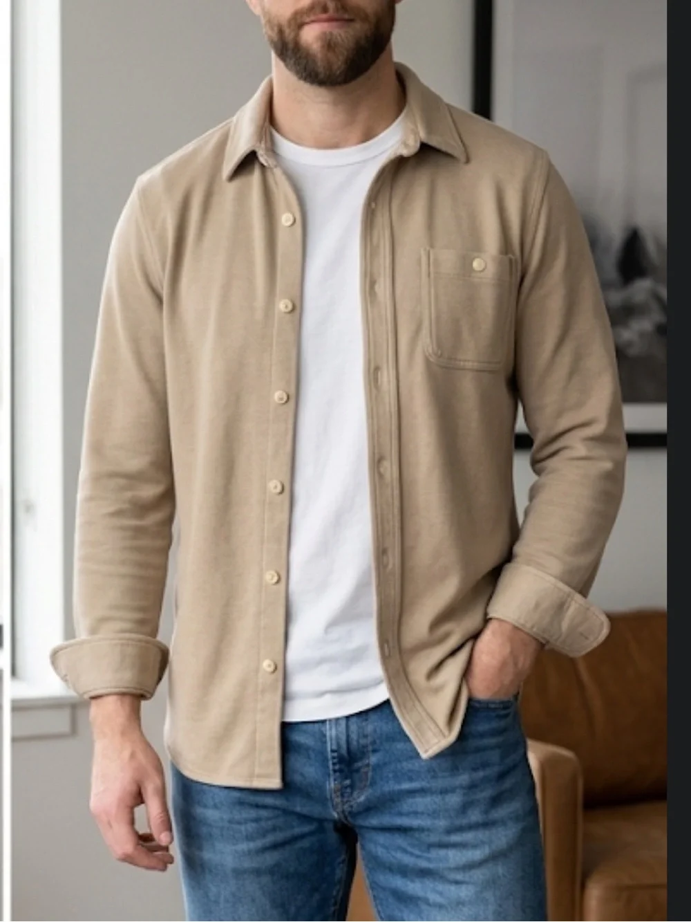 J. Crew Men's Cotton Waffle Shirt In Beige Size M Collar Long Sleeve Casual EUC